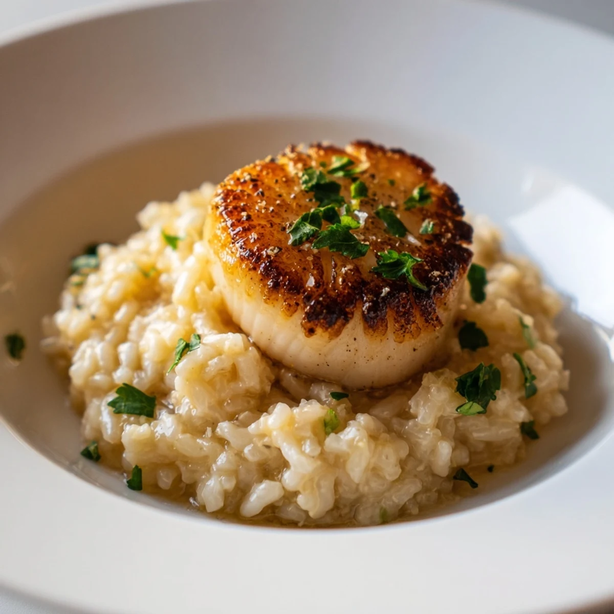 Date Night Seared Scallops with Risotto, plated elegantly with a white wine butter sauce drizzled over the grains.  