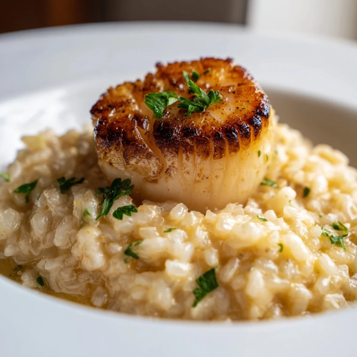 A close-up of Date Night Seared Scallops with Risotto, showcasing a golden crust and steam rising from the creamy base.