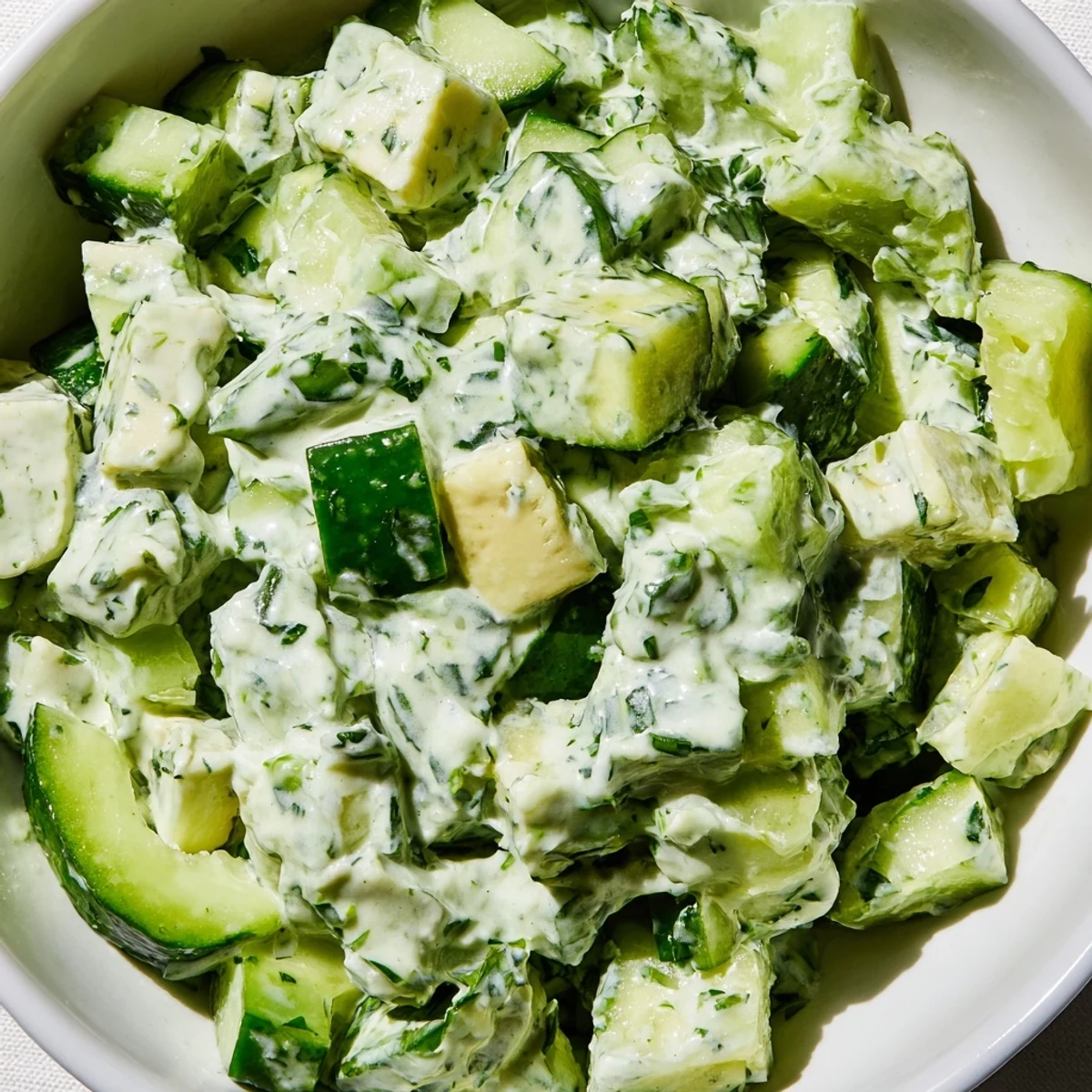 Vibrant Green Goddess Salad with cucumber and avocado, topped with sliced radishes and ready for a refreshing light lunch.