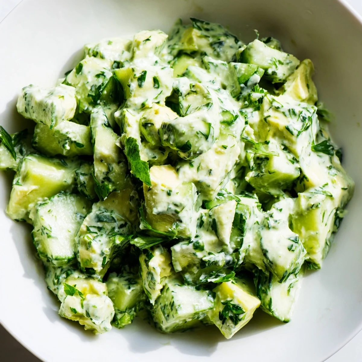 Healthy Green Goddess Salad featuring diced avocado and cucumbers, drizzled with creamy herb dressing and garnished with toasted walnuts.