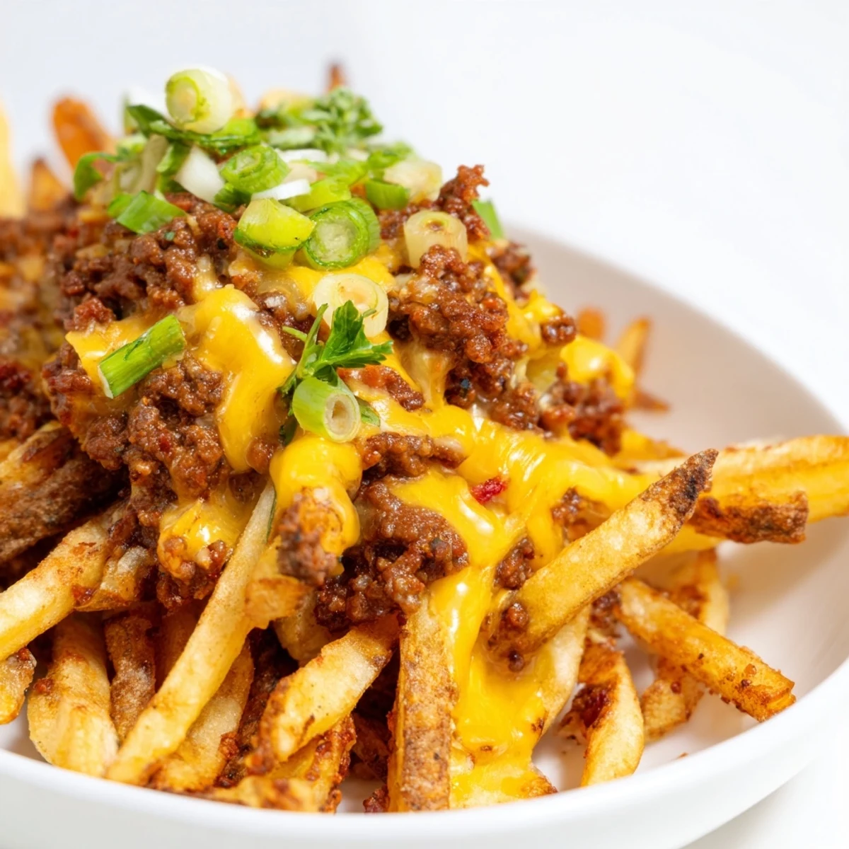 Steamy, hearty Game Day Chili Cheese Fries topped with fresh jalapeño slices and green onions on a serving dish.