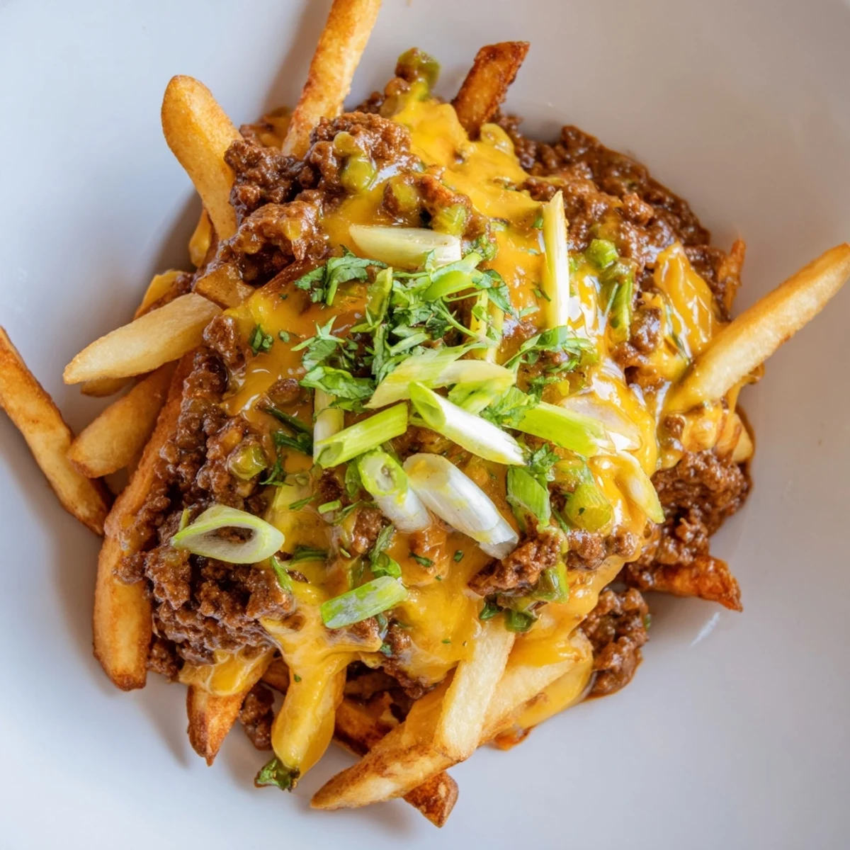 A close-up of oven-baked fries smothered in rich, meaty chili and bubbly cheese, ready to be shared at a party.