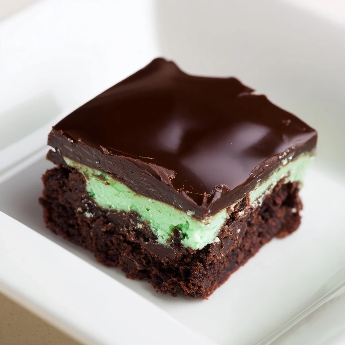 Glossy chocolate ganache and a vibrant mint cream layer top fudgy green mint brownies, cut into neat squares.  