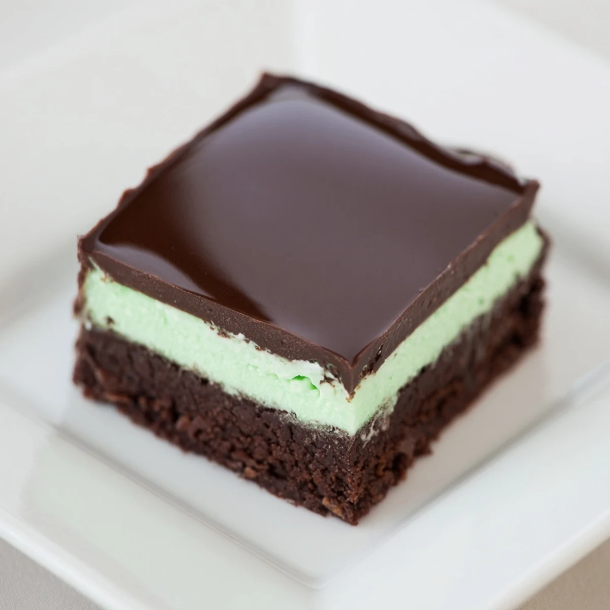 Decadent green mint brownies featuring a peppermint cream center and rich chocolate topping, ideal for dessert.
