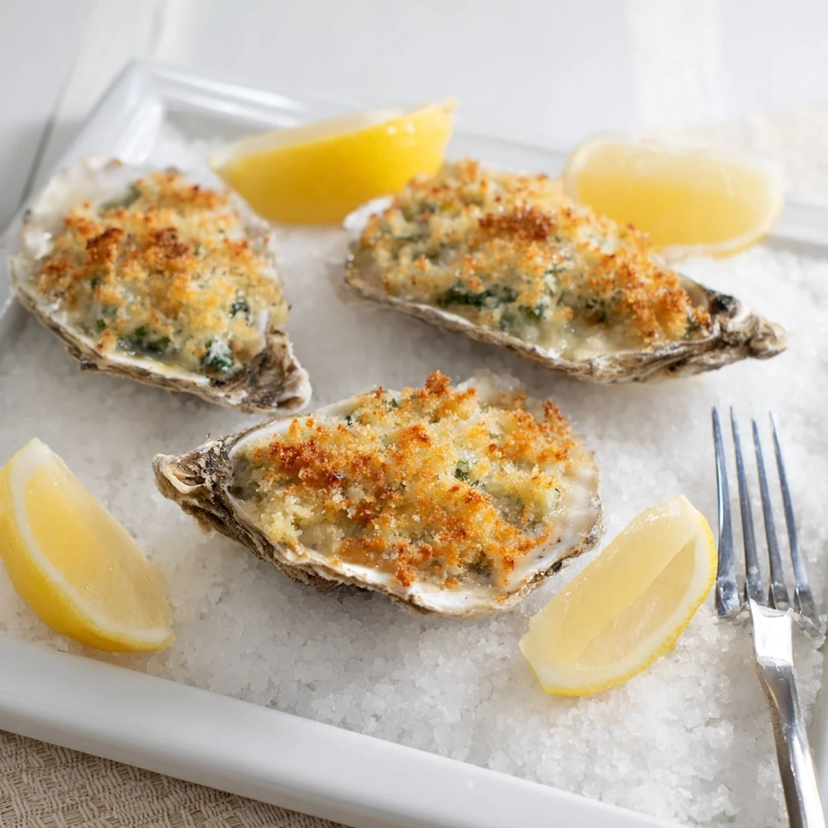 Freshly shucked oysters Rockefeller topped with golden panko and spinach herb butter, baked to bubbly perfection on a bed of rock salt.  