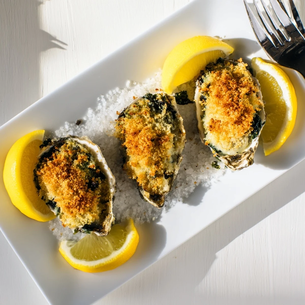 Golden-baked Romantic Oysters Rockefeller on half shells, featuring creamy spinach, Parmesan, and a hint of Pernod, ready to serve.