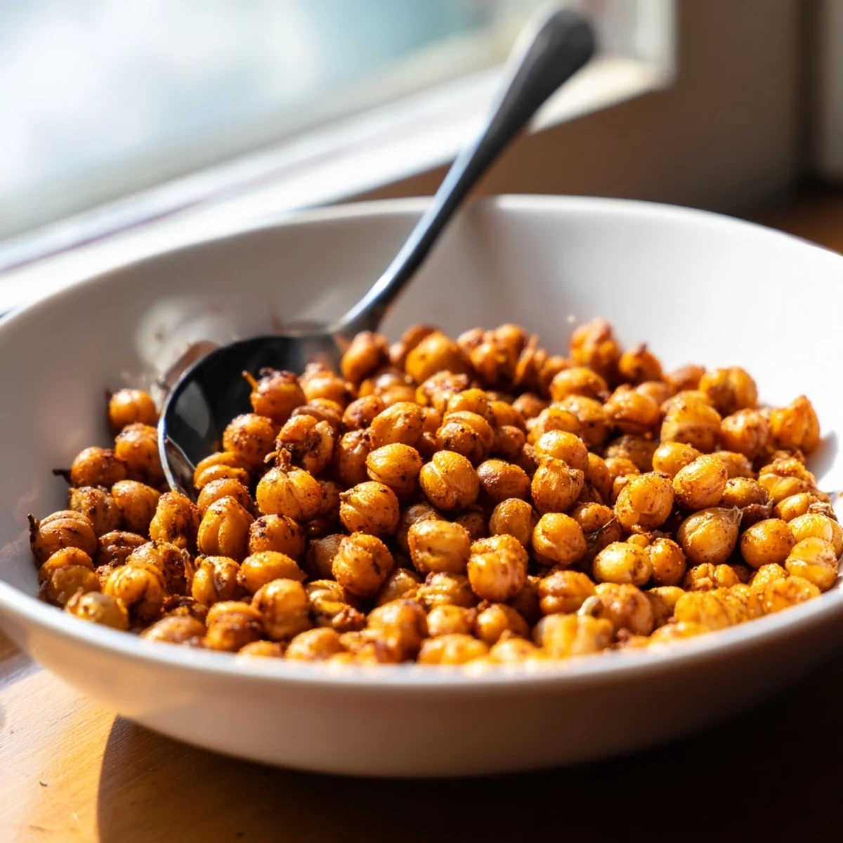 Roasted Cajun Spiced Chickpeas in a bowl, golden and crispy, perfect for snacking or topping a fresh green salad.