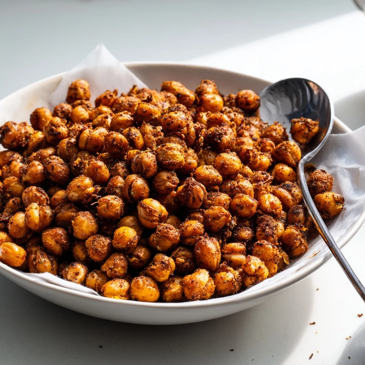 Vegan Cajun Spiced Roasted Chickpeas cooling on a parchment-lined tray, emitting a smoky, spicy aroma after oven roasting.
