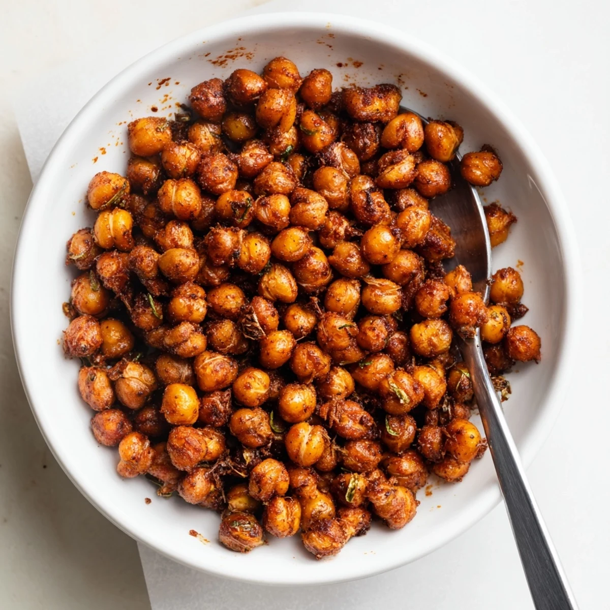 A close-up of Cajun Spiced Roasted Chickpeas glistening with spices, served alongside a chilled cucumber salad for a spicy crunch.