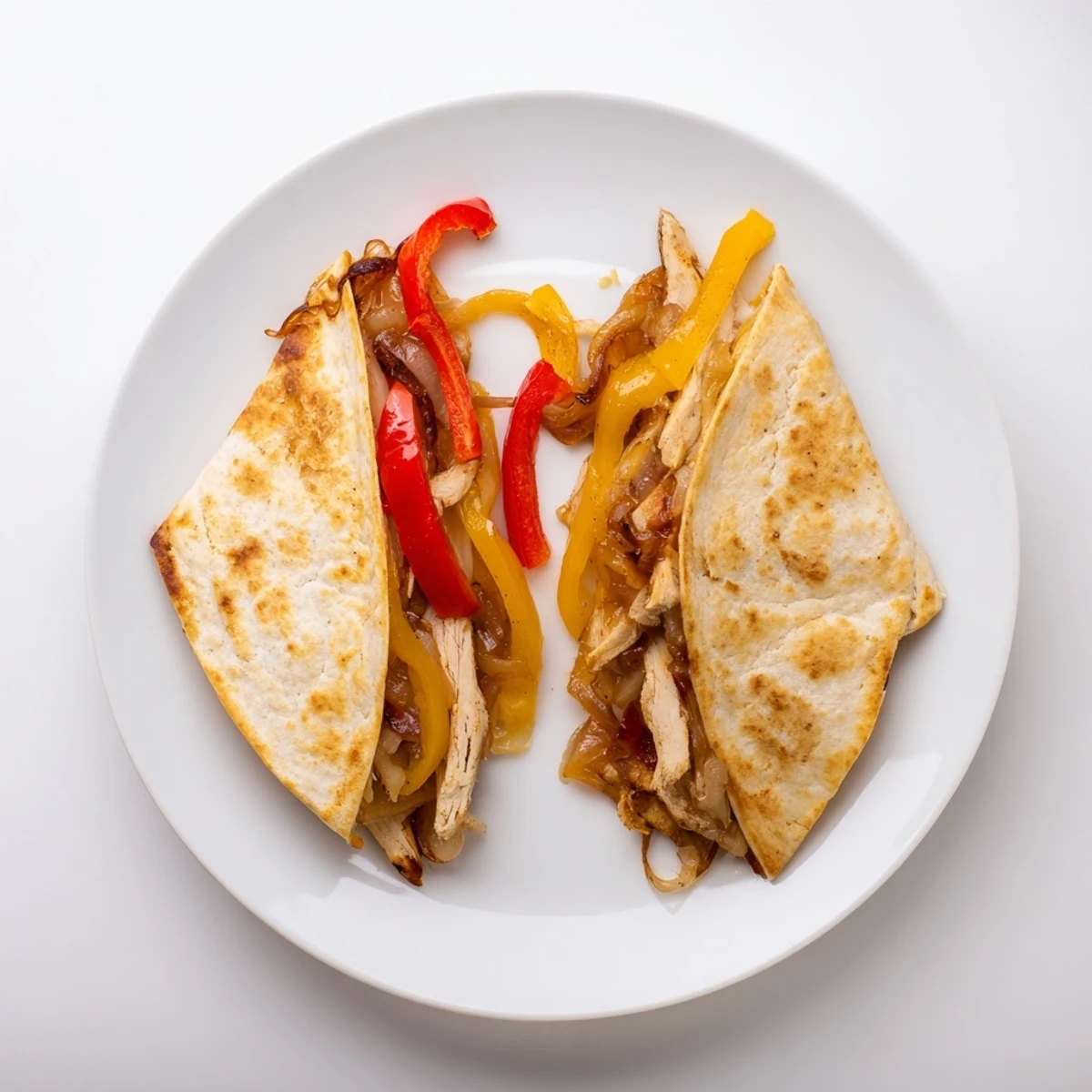 Golden-brown Chicken Quesadillas with Peppers and Onions, sliced into wedges and served with salsa and sour cream.