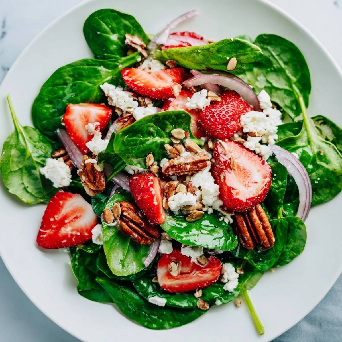 A fresh bowl of Strawberry Spinach Salad with Poppy Seed Dressing, featuring sliced strawberries, tender spinach, and crumbled feta.  