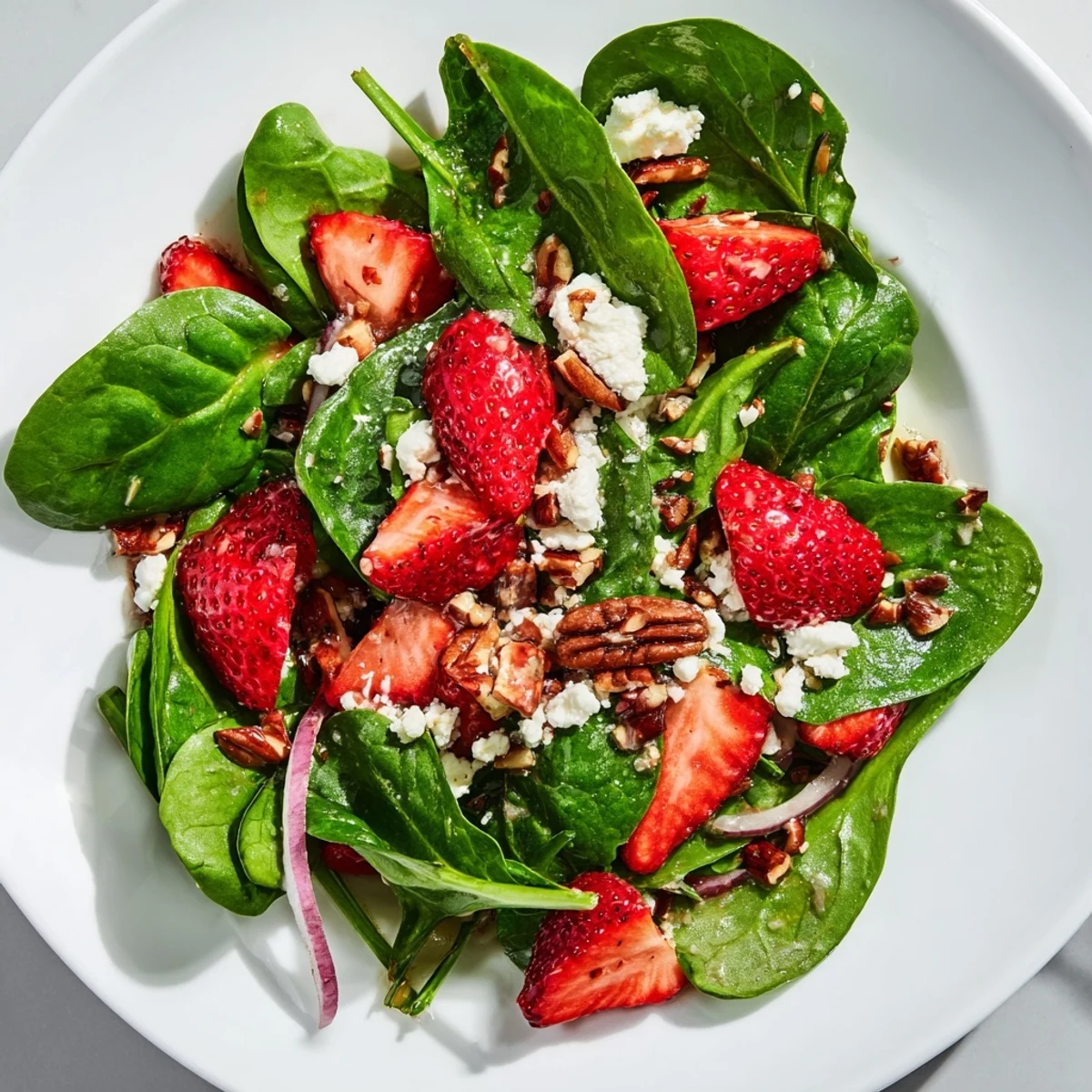 Colorful Strawberry Spinach Salad with Poppy Seed Dressing, topped with crumbled feta and red onion slices.