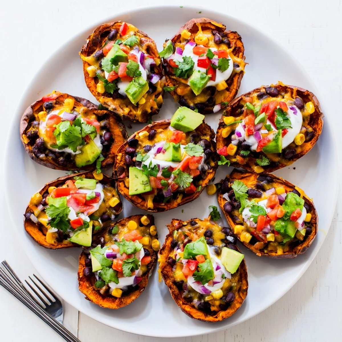 Golden-brown Loaded Sweet Potato Skins with Black Beans, topped with melted cheese, fresh salsa, diced avocado, and a dollop of sour cream.