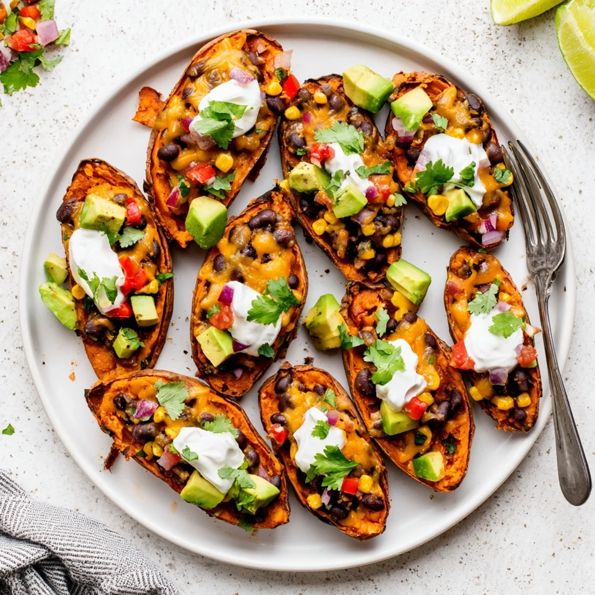 Freshly baked Loaded Sweet Potato Skins with Black Beans garnished with cilantro and lime wedges, showcasing a vibrant vegetarian appetizer perfect for a healthy meal.