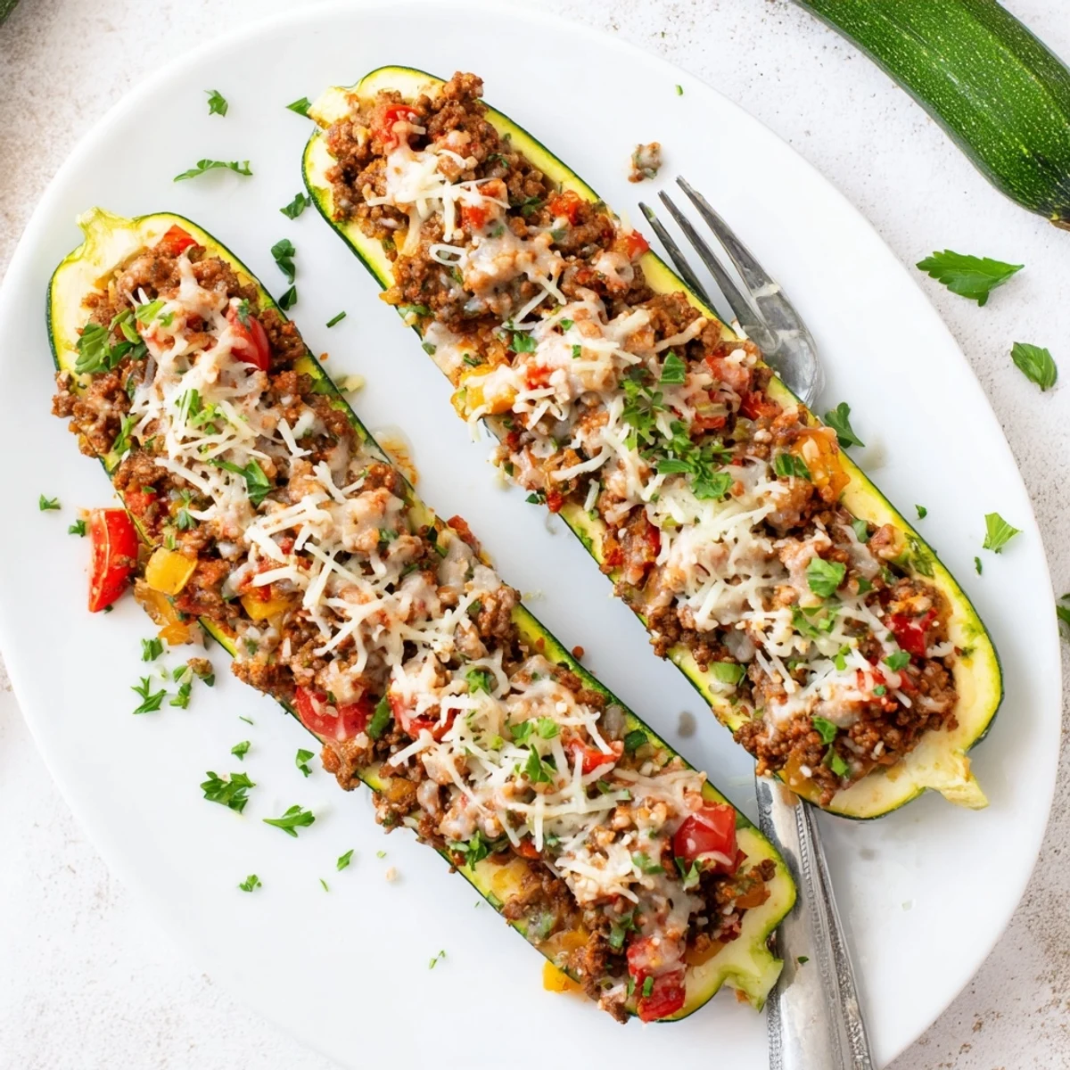 Hearty low-carb Zucchini Boats Stuffed with Ground Beef, filled with savory beef and fresh herbs.
