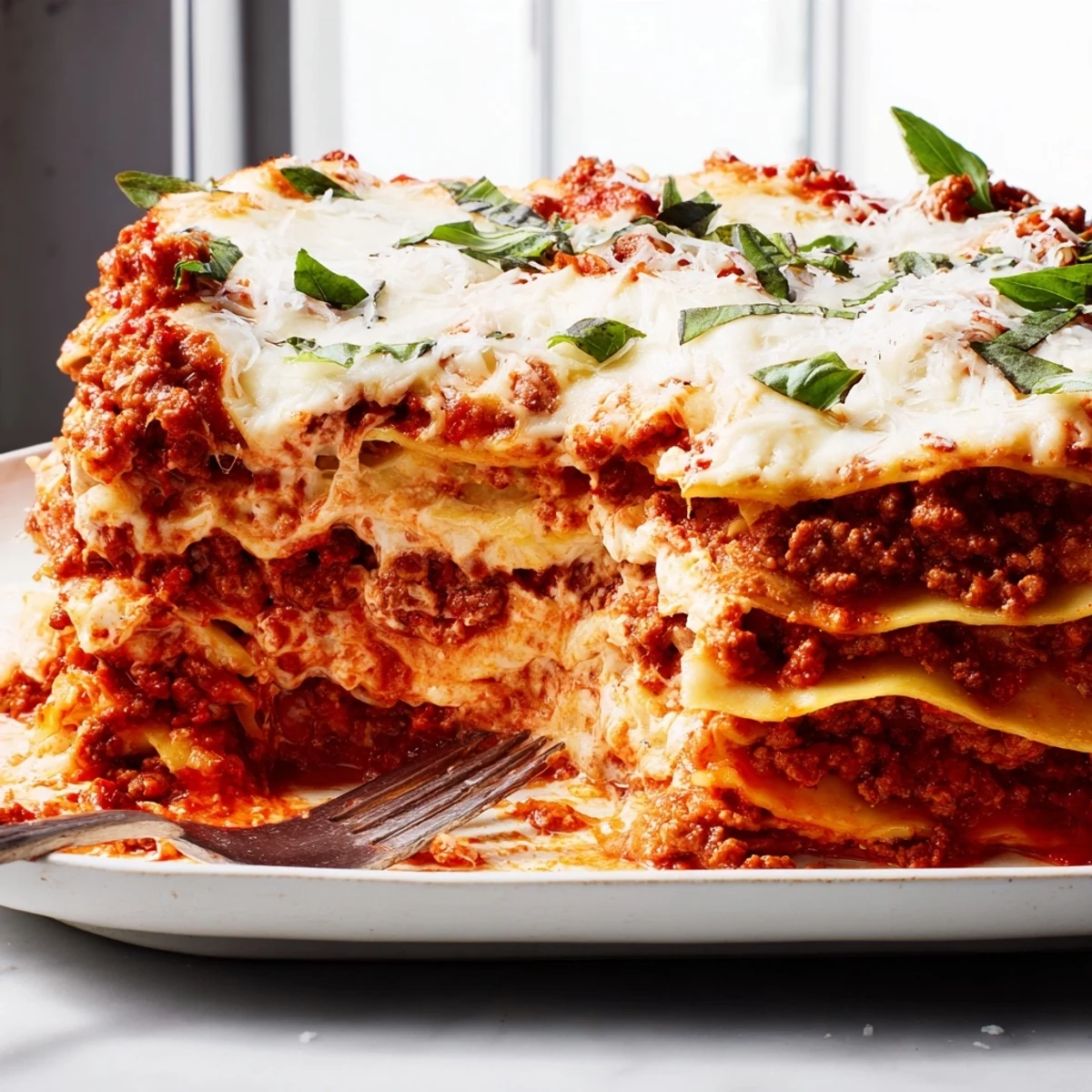 Golden bubbling layers of Classic Beef Lasagna with Homemade Marinara, featuring rich beef ragù and creamy béchamel, served fresh from the oven.  
