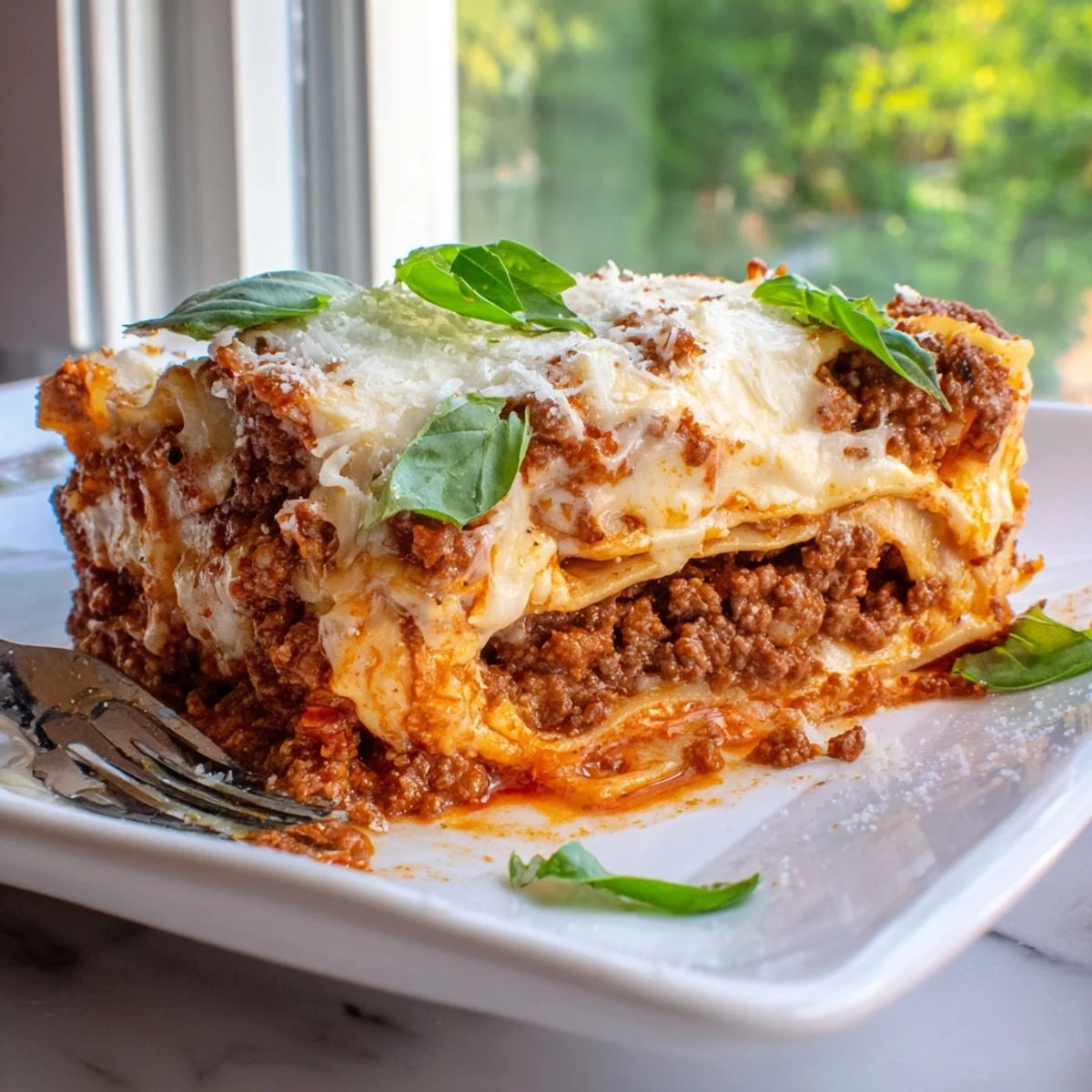 Hearty portion of Classic Beef Lasagna with Homemade Marinara, paired with garlic bread and a crisp green salad on a rustic table.