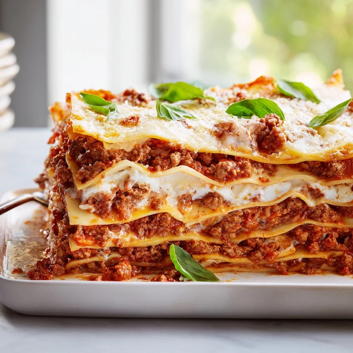 Close-up slice of Classic Beef Lasagna revealing perfectly layered noodles, savory beef, and melted mozzarella with fresh basil garnish.  