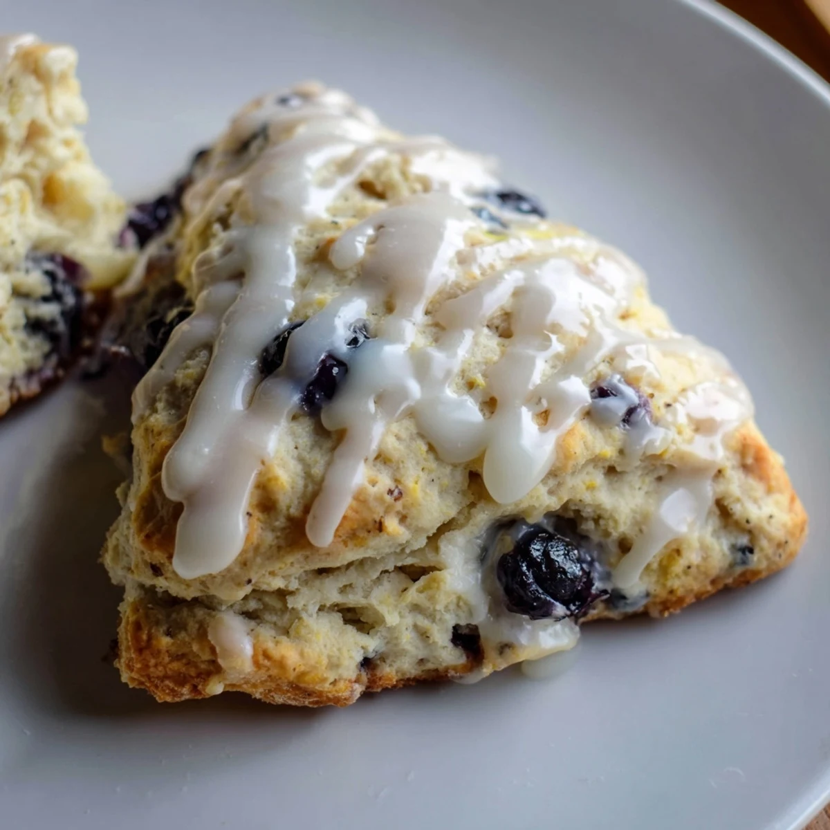 Freshly baked Lemon Blueberry Scones with Vanilla Glaze on a cooling rack, drizzled with sweet icing.