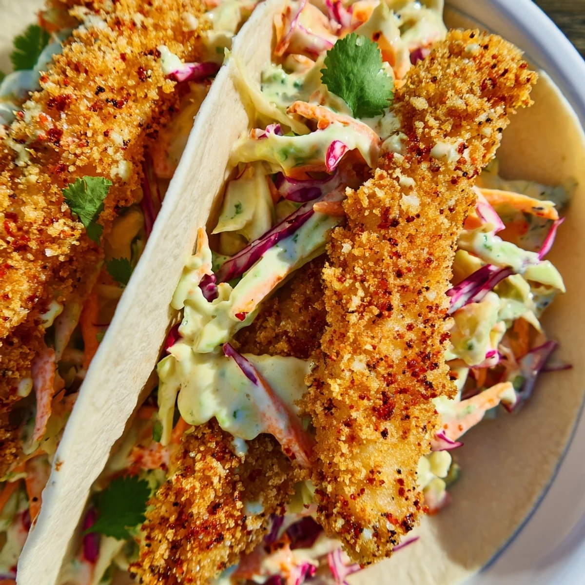Freshly fried Crispy Fish Tacos with Cabbage Slaw are arranged on a platter, featuring creamy sauce and vibrant slaw.