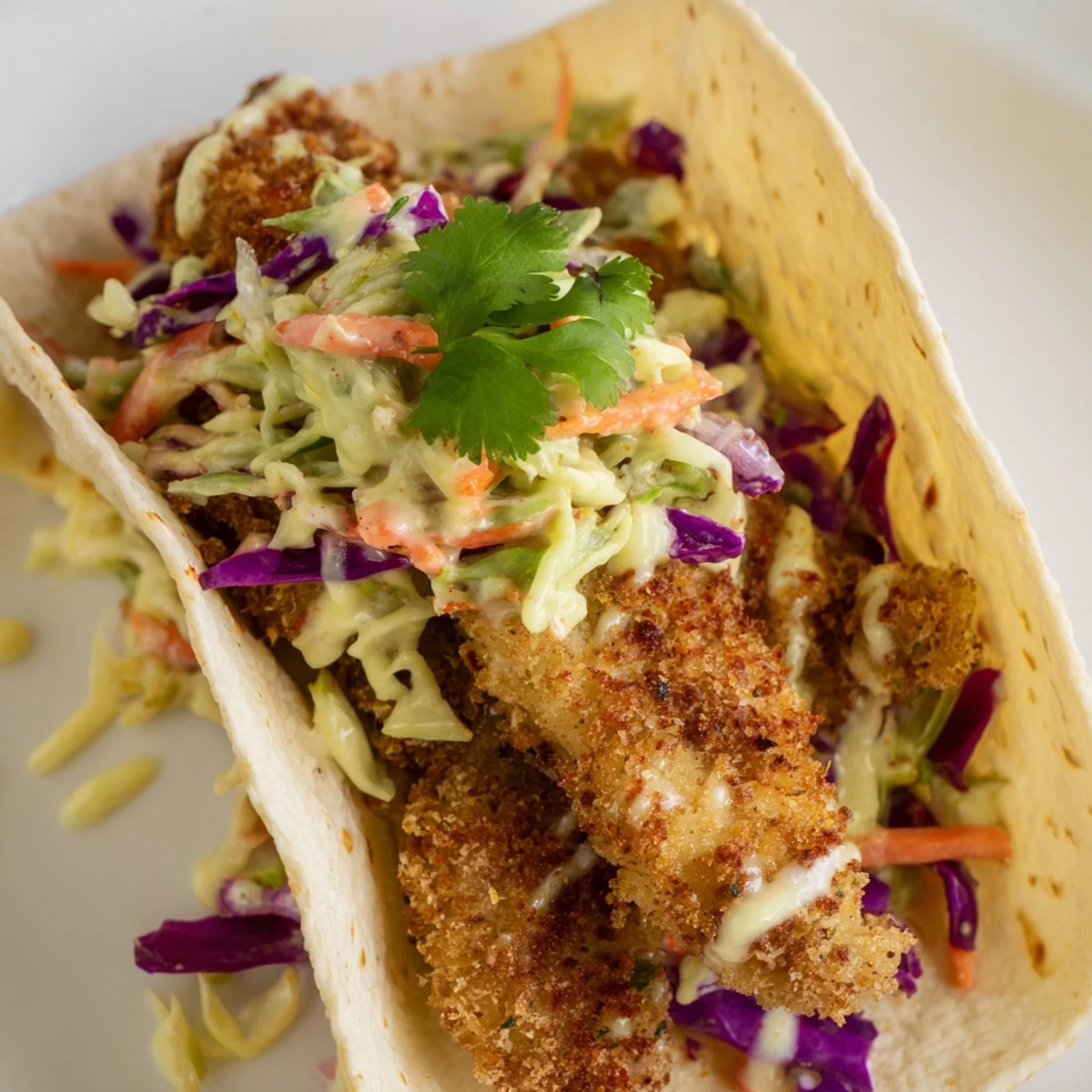 Golden-brown Crispy Fish Tacos with Cabbage Slaw are stacked high on a plate, garnished with fresh cilantro and lime wedges.