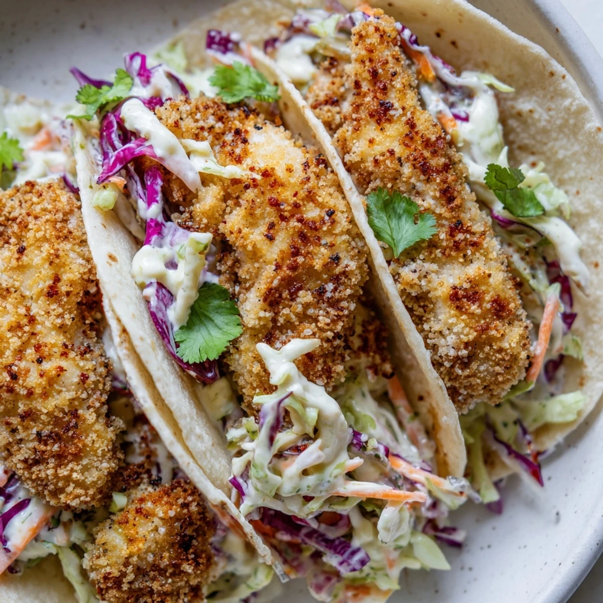 Warm corn tortillas hold golden Crispy Fish Tacos with Cabbage Slaw, ready to be drizzled with spicy sriracha sauce.
