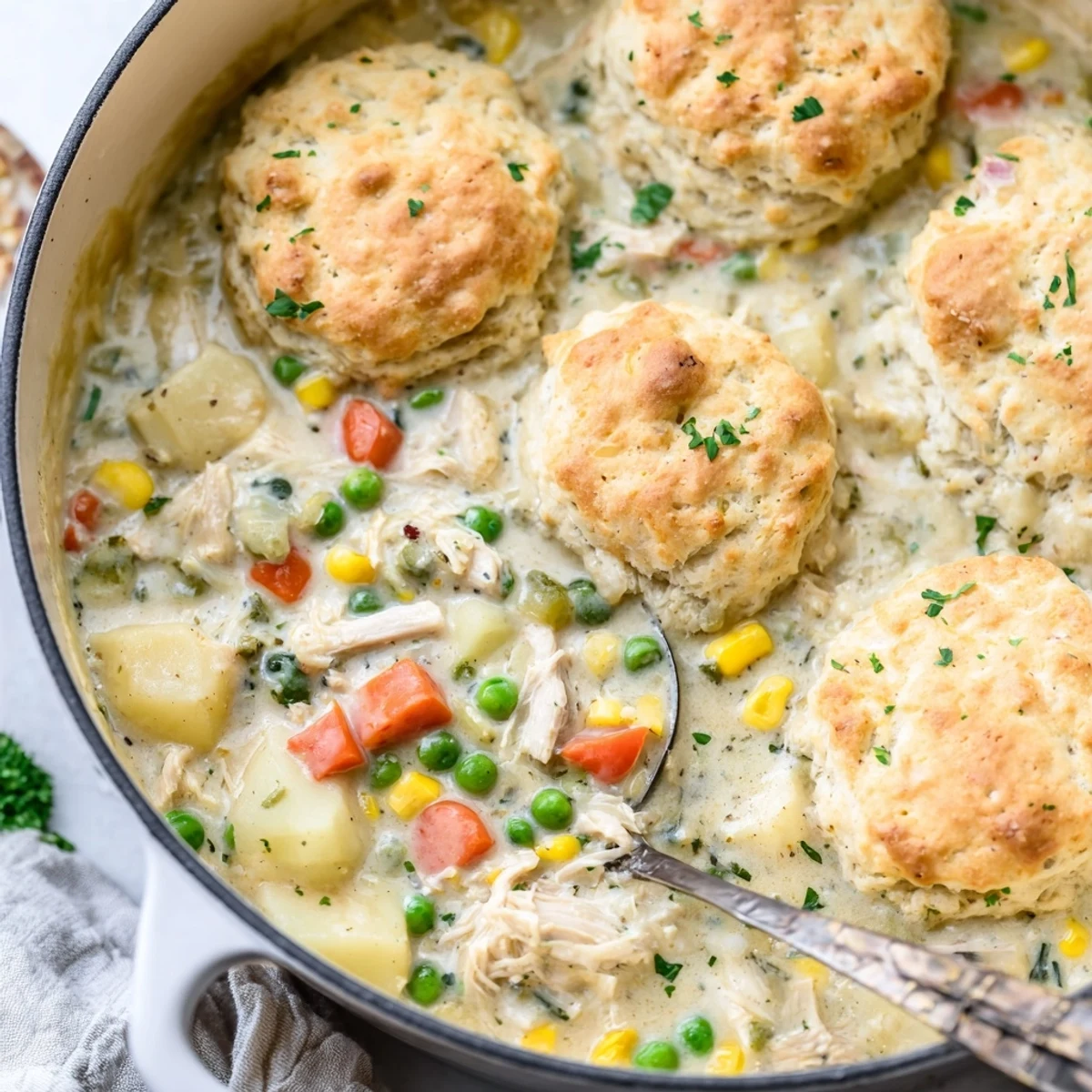 Creamy Chicken Pot Pie Soup bubbling in a Dutch oven, topped with golden, flaky biscuit pieces, fresh peas, and corn.