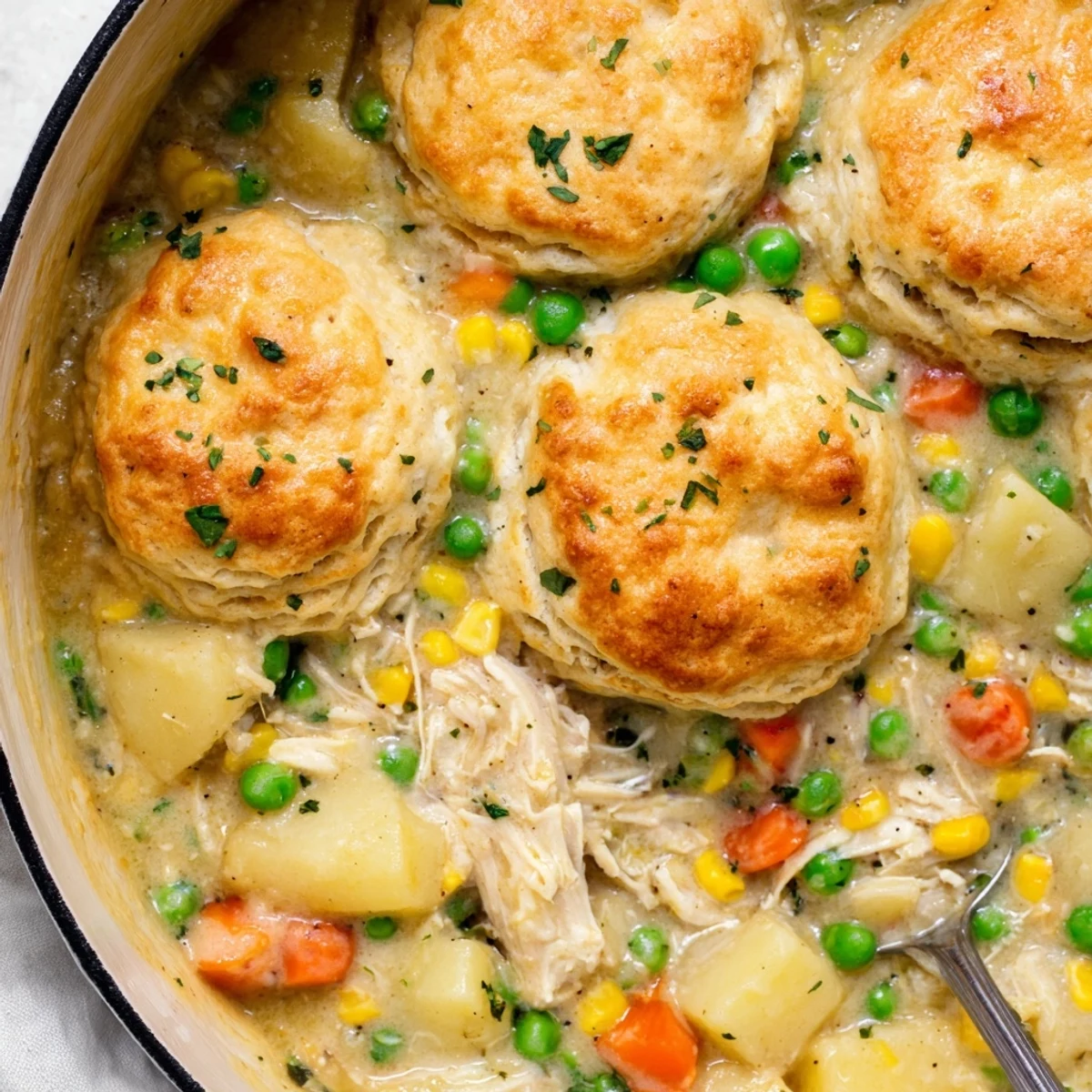Hearty Chicken Pot Pie Soup served in a rustic bowl with a steaming biscuit crown and parsley garnish.
