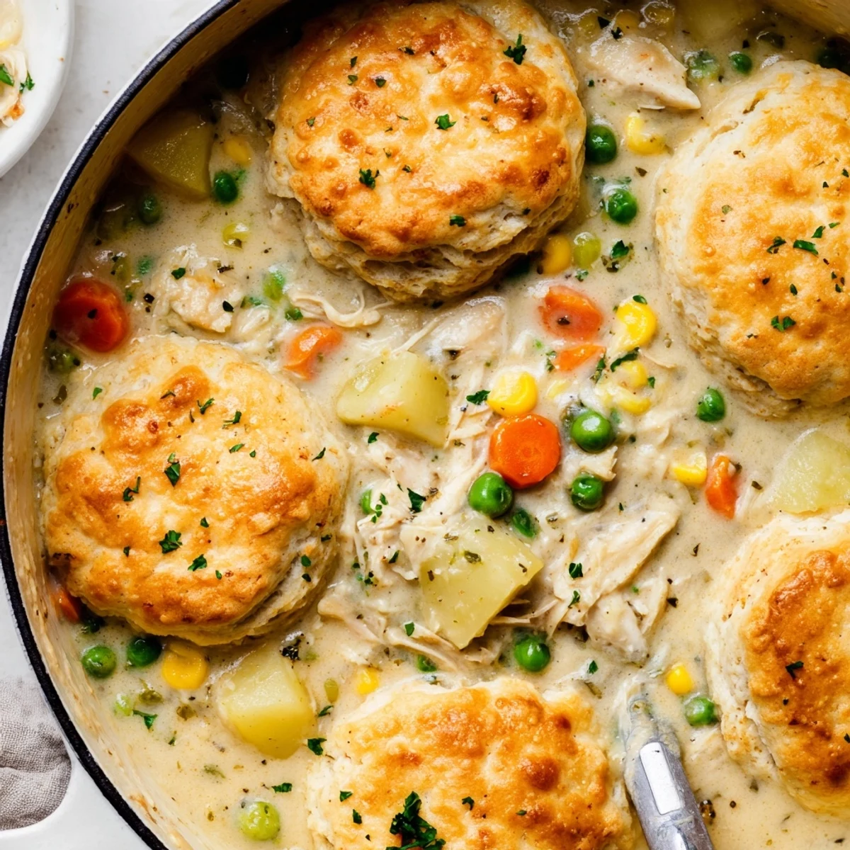 Golden-brown biscuits baking over creamy Chicken Pot Pie Soup in an oven-safe dish, revealing a comforting, hearty main dish.