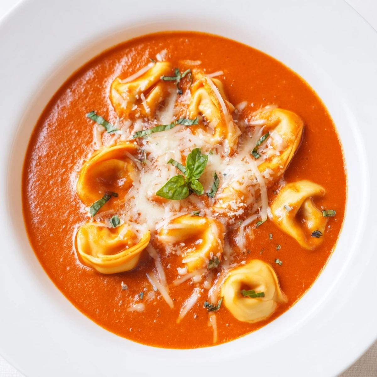 Steaming bowl of One Pot Creamy Tomato Tortellini Soup, garnished with fresh basil and grated Parmesan.