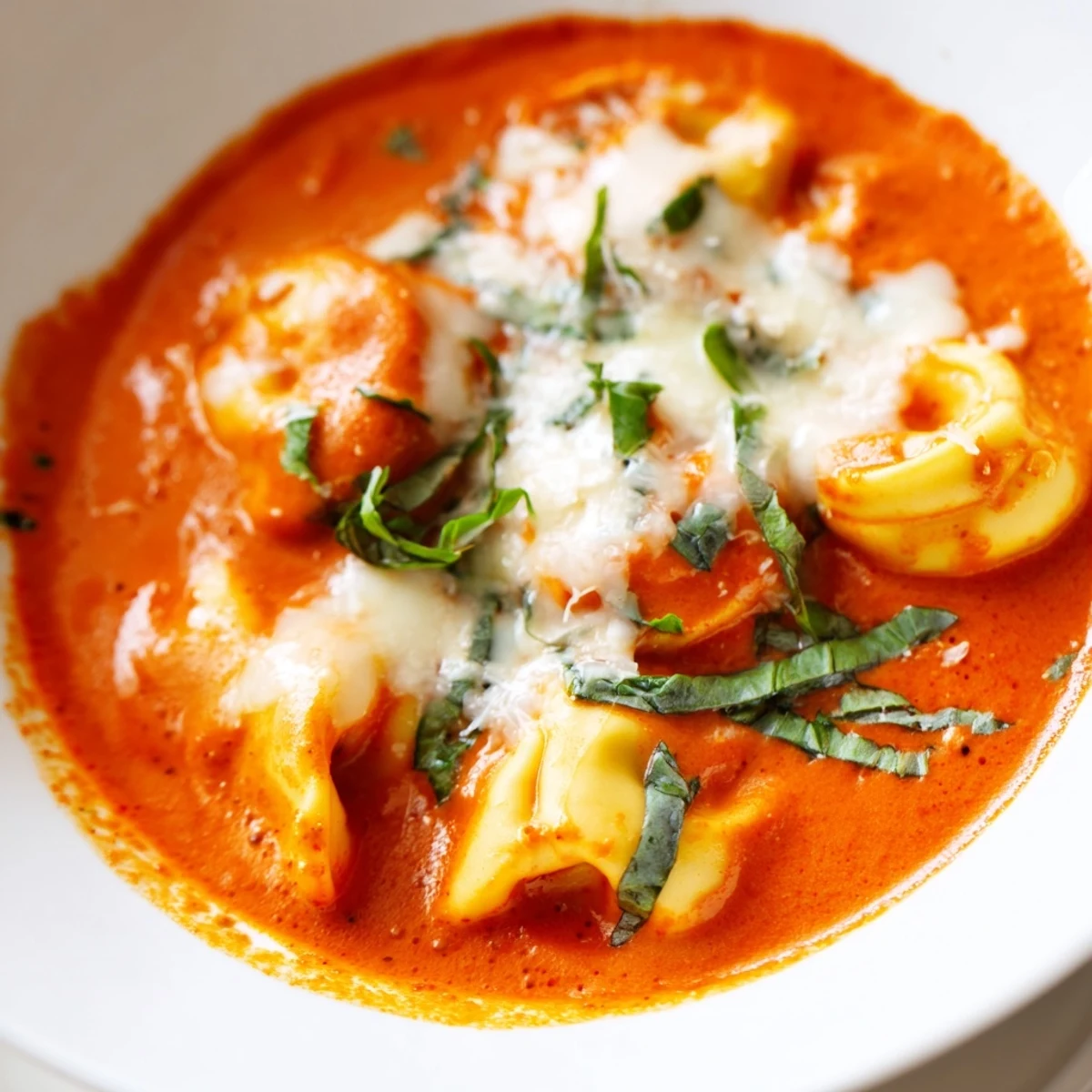 A close-up of One Pot Creamy Tomato Tortellini Soup with rich red broth and melted cheese.