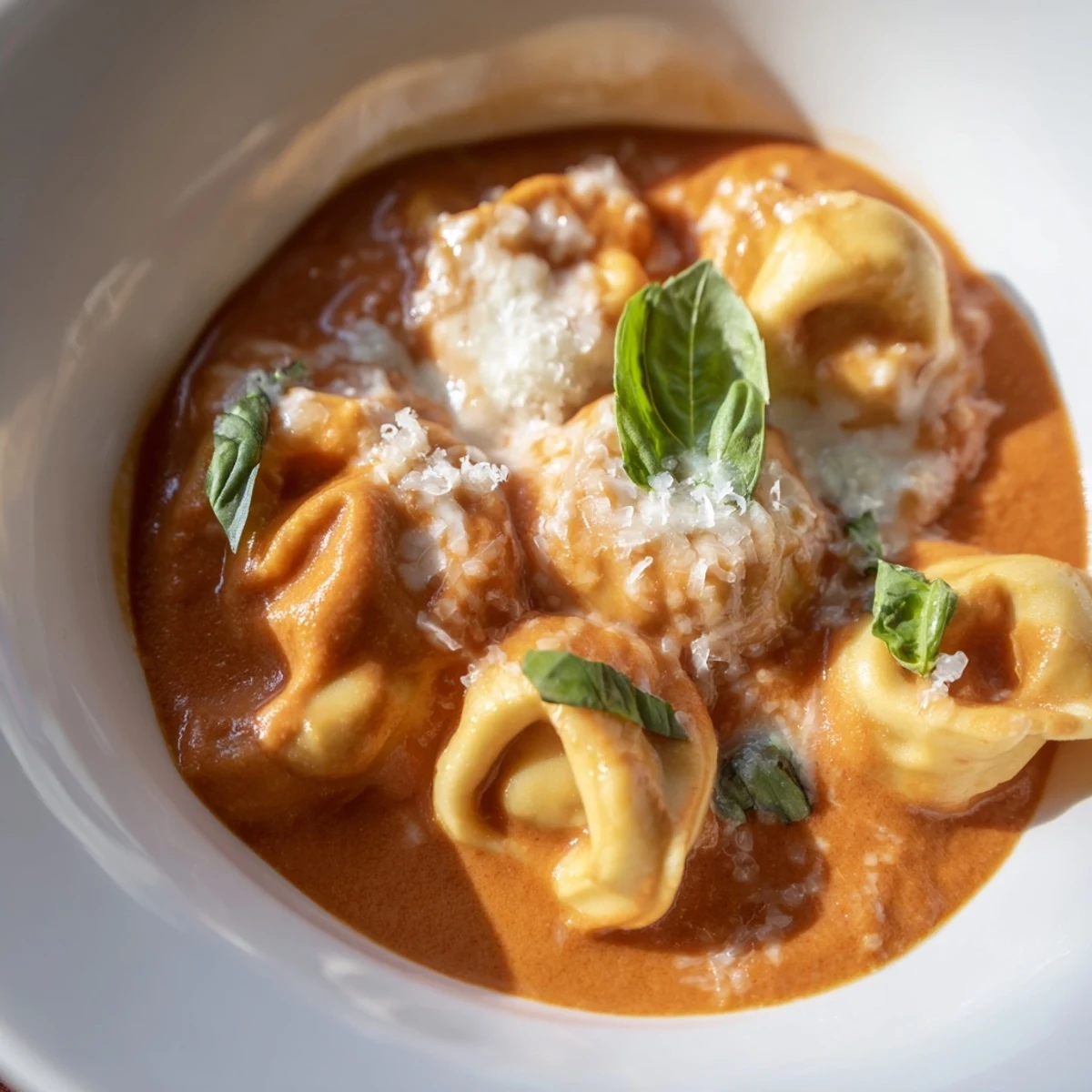 Cheese tortellini and fresh herbs in a cozy One Pot Creamy Tomato Tortellini Soup, served with crusty bread.