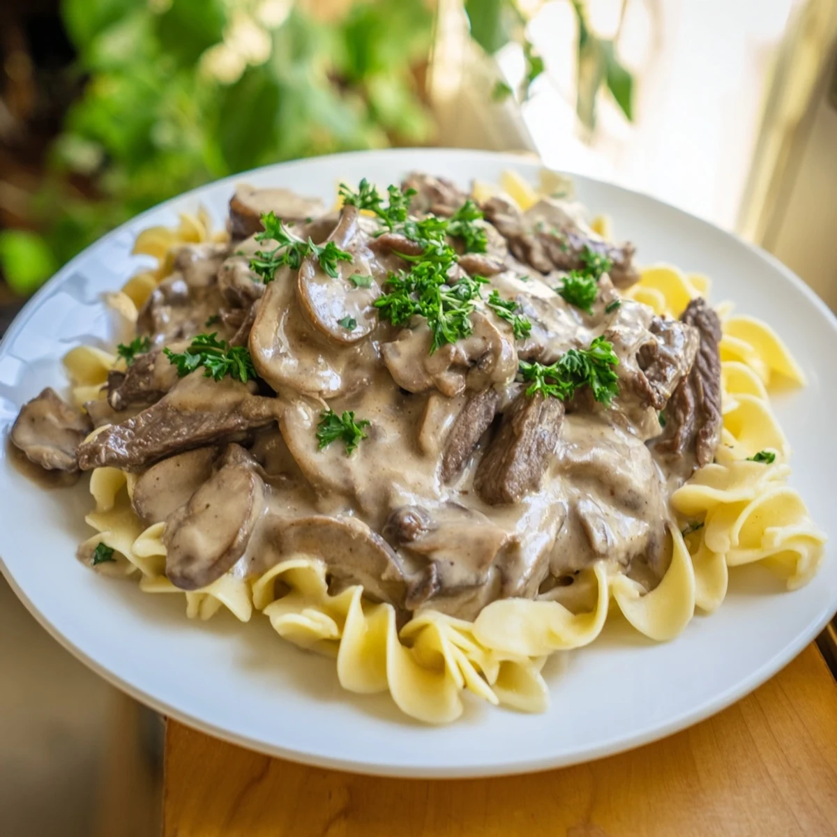 Tender beef strips and sautéed mushrooms in creamy sauce piled high over steaming egg noodles, garnished with fresh parsley for a comforting weeknight dinner.