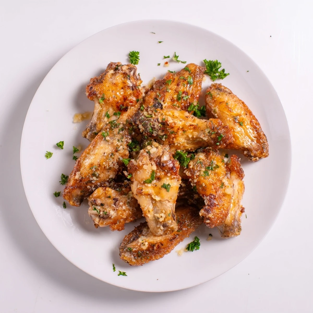Golden, crispy Air Fryer Garlic Parmesan Chicken Wings tossed in a rich, garlicky butter sauce, served hot and garnished with fresh parsley.