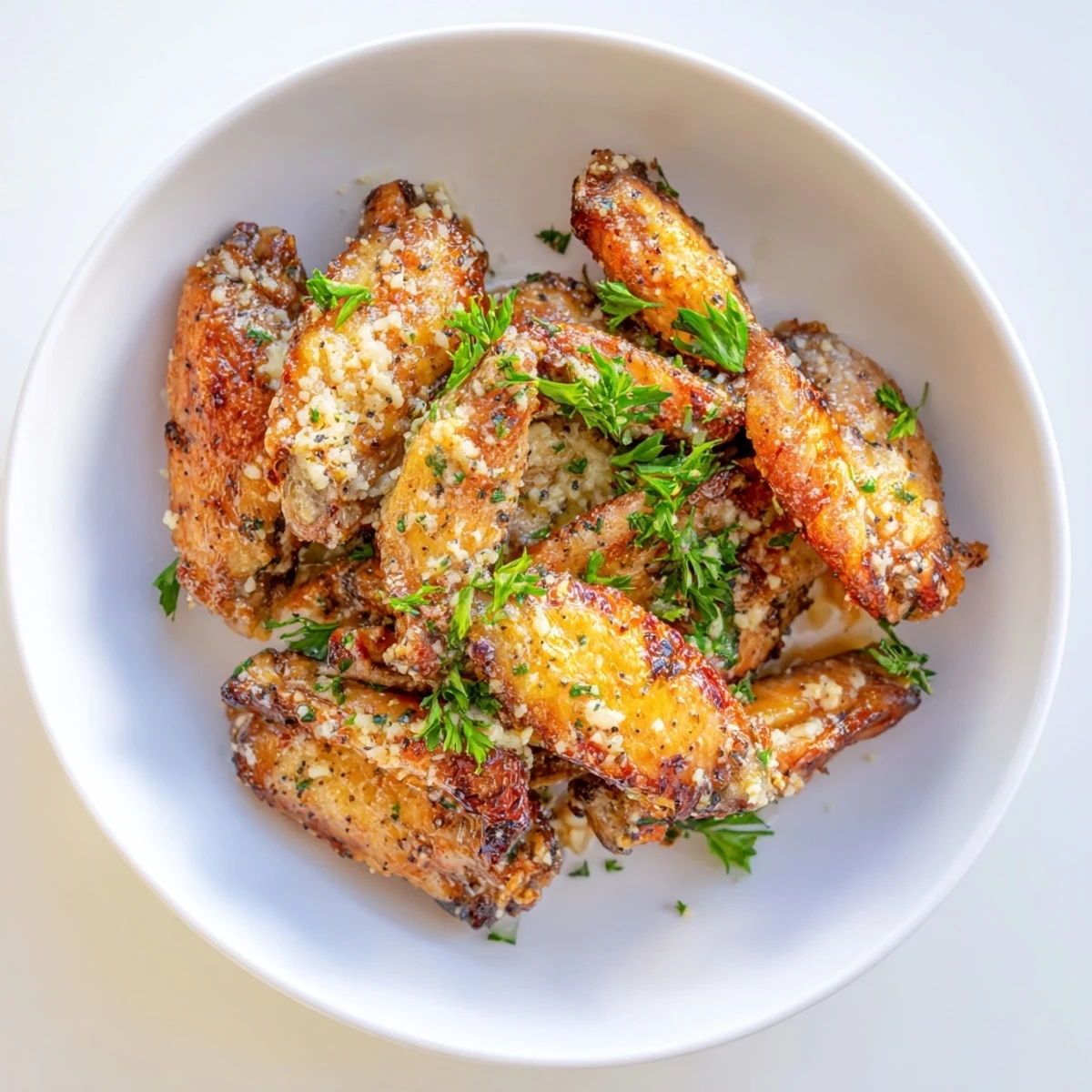 A close-up of Air Fryer Garlic Parmesan Chicken Wings coated in melted butter and grated parmesan, with a side of creamy ranch dip.