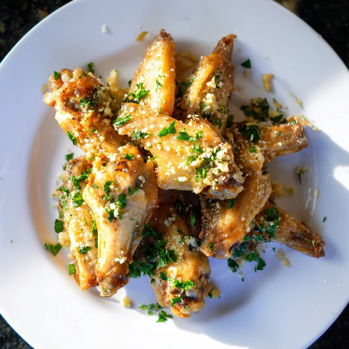 Platter of perfectly cooked Air Fryer Garlic Parmesan Chicken Wings alongside crisp celery sticks and a sprinkle of fresh parsley.