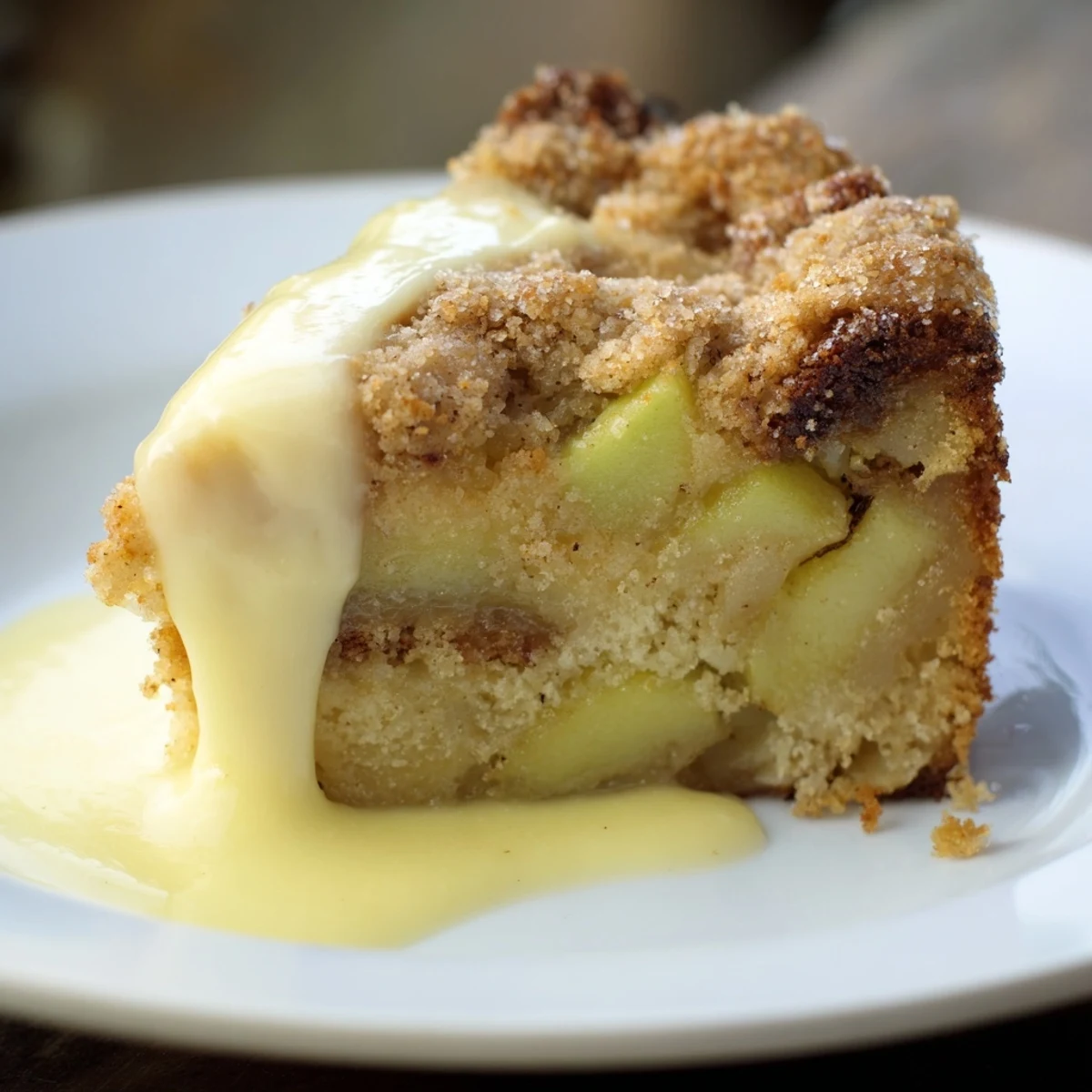 Freshly baked Irish Apple Cake with Custard reveals golden, crunchy sugar crust and tender spiced apple slices.