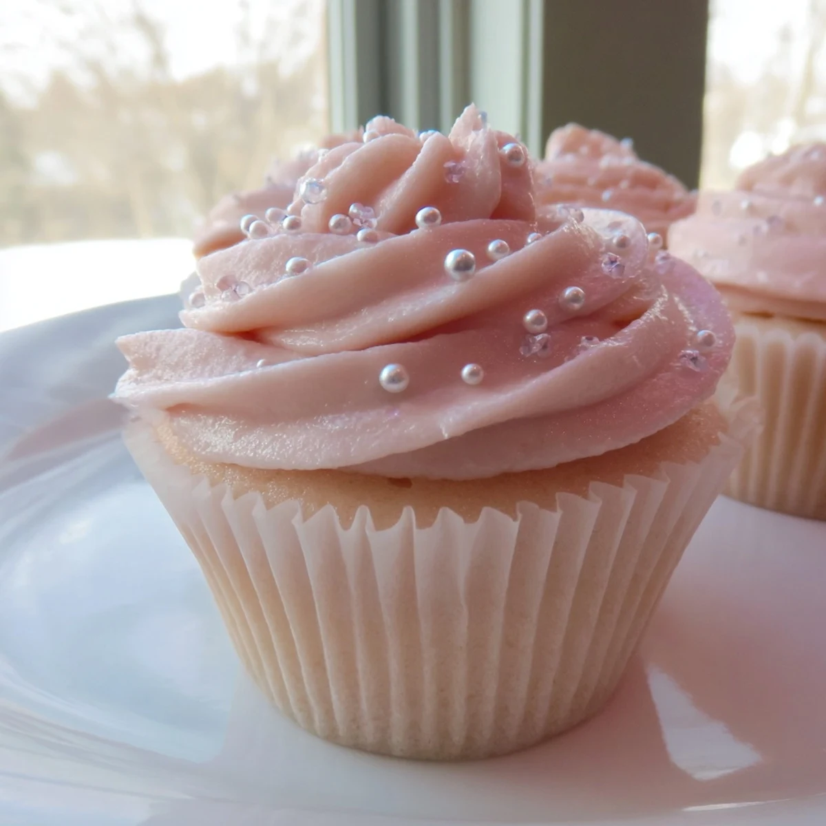 Fluffy pink champagne cupcakes topped with light buttercream and delicate sprinkles on a white plate.