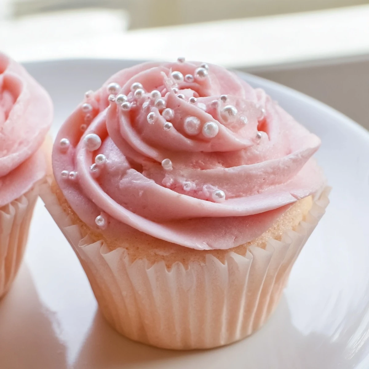 A close-up of pink champagne cupcakes, revealing a tender crumb and smooth, pastel frosting.