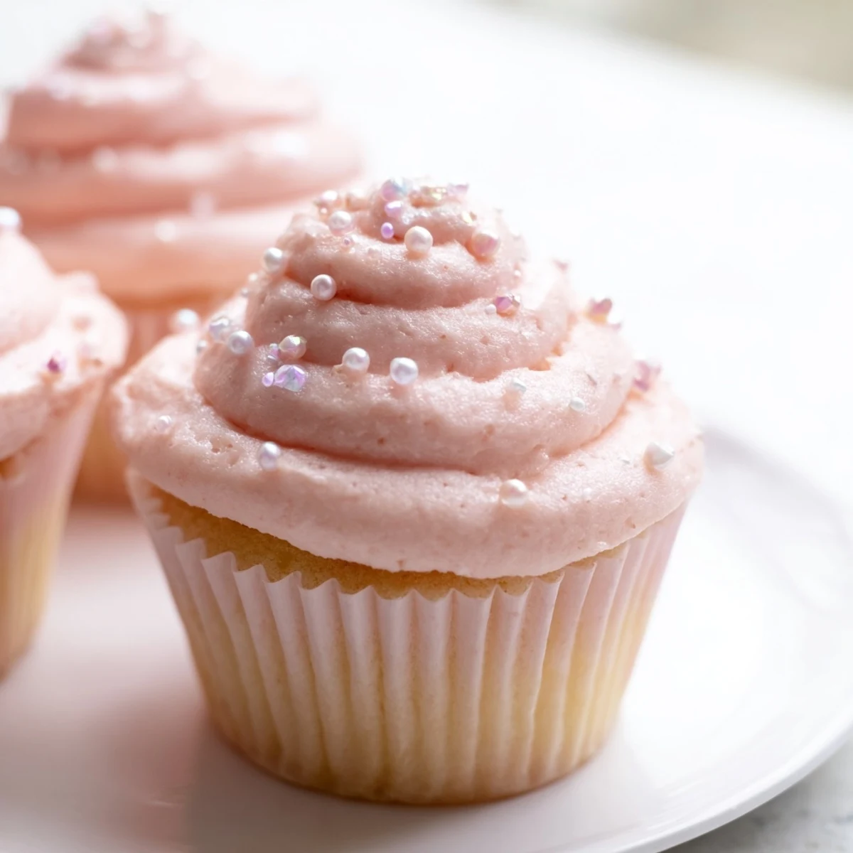 Three pink champagne cupcakes garnished with edible pearls, served beside a glass of bubbly.