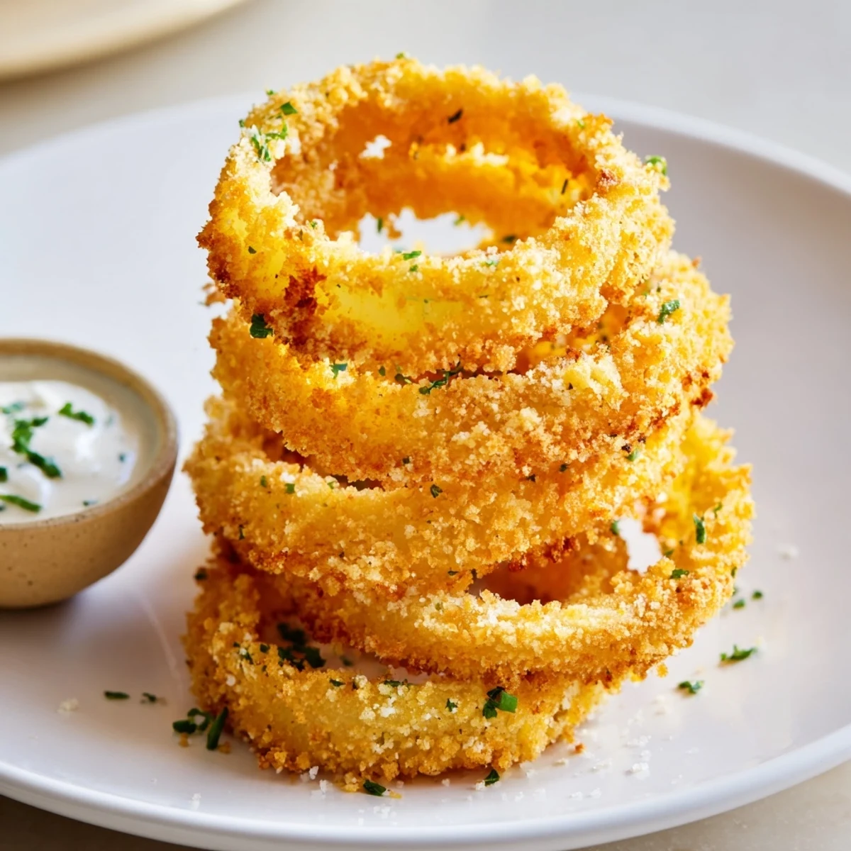 A close-up of golden Touchdown Crispy Onion Rings with Ranch, revealing a crispy breading texture and fresh herbs.