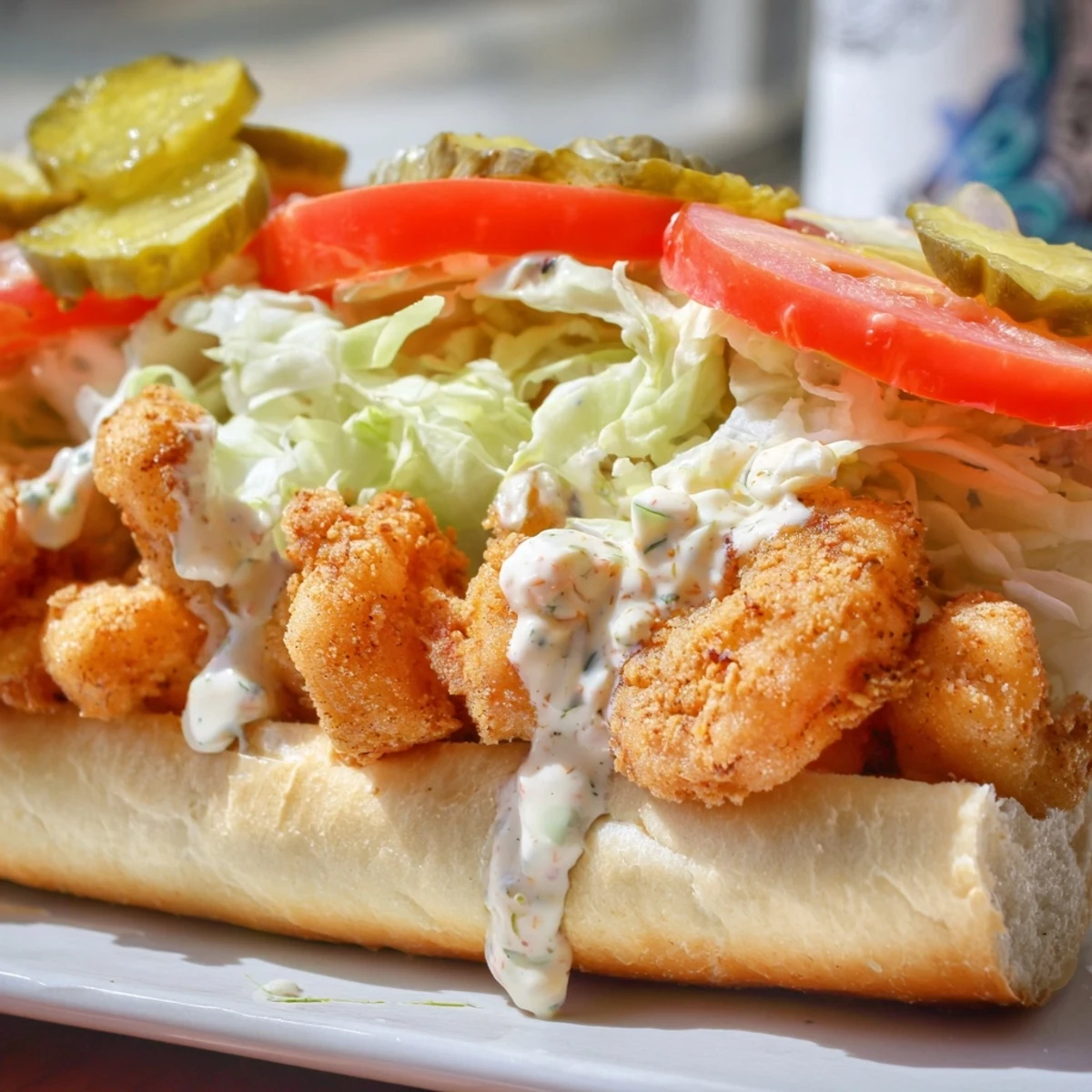 Golden fried shrimp stuffed in a crusty French baguette with remoulade, lettuce, and tomatoes.  