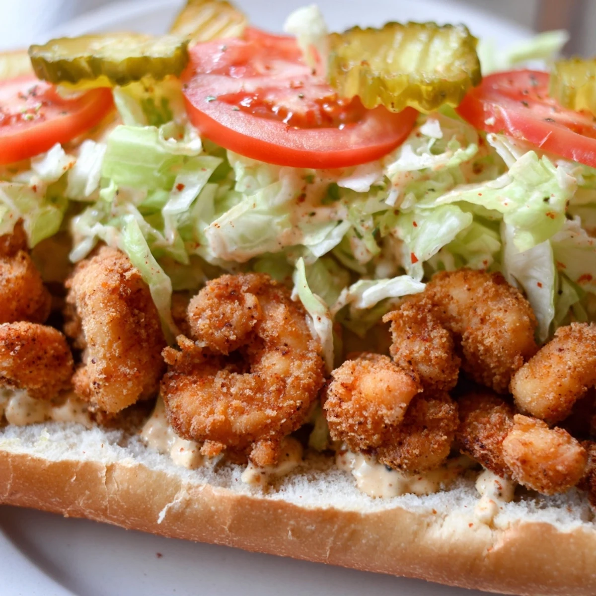 New Orleans Shrimp Po Boy with Remoulade served hot and crispy on a toasted roll.  