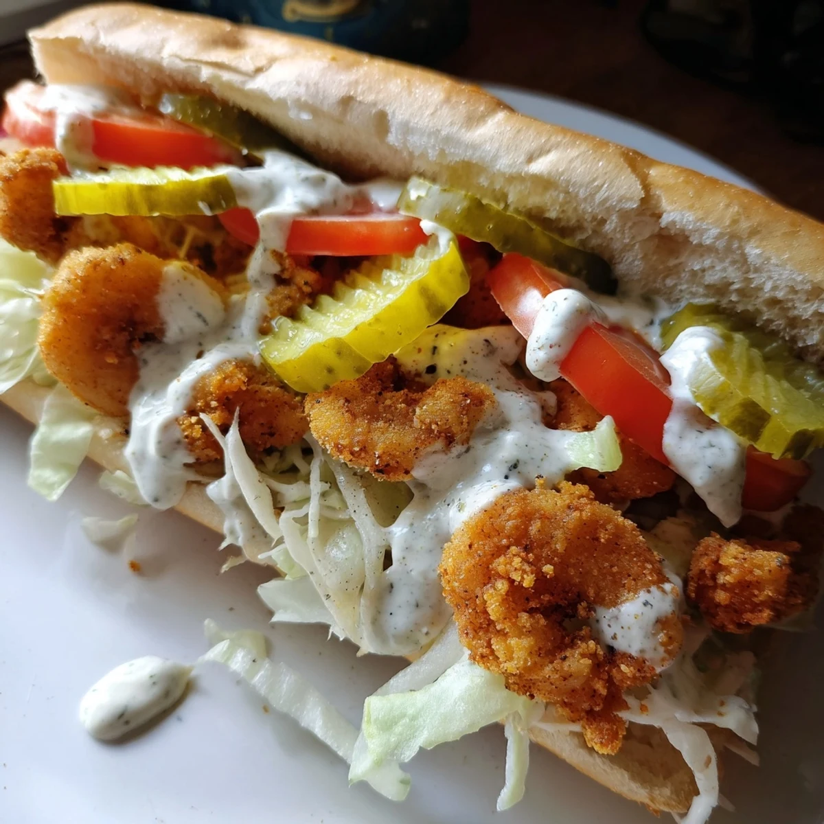The New Orleans Shrimp Po Boy with Remoulade features juicy fried shrimp and tangy sauce.