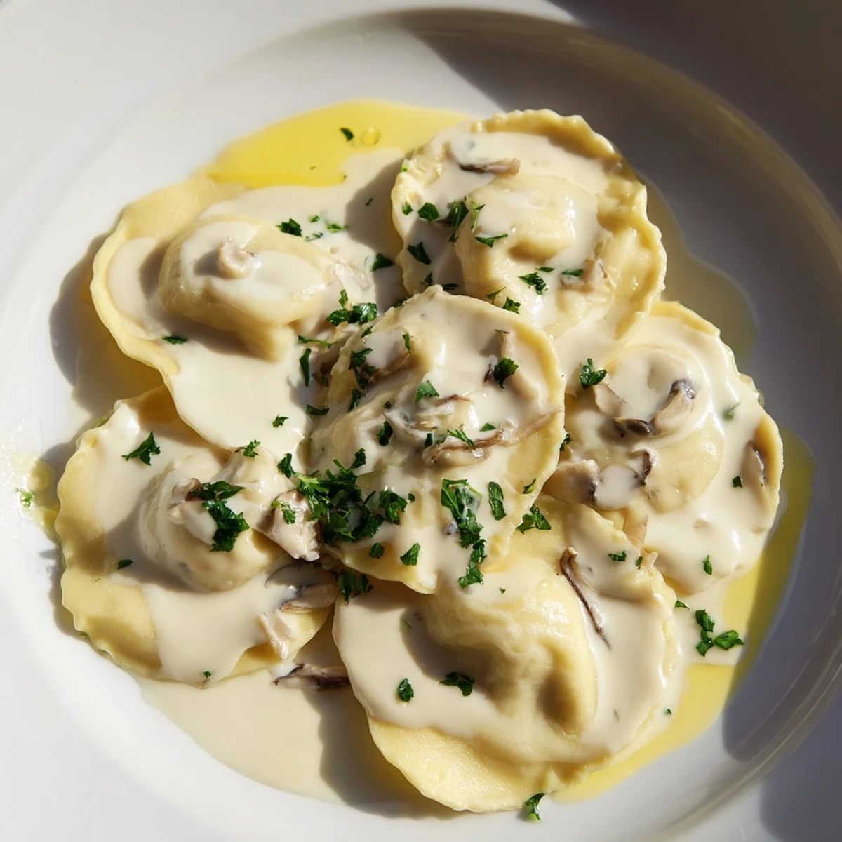 Silky mushroom ravioli glistening with truffle oil and fresh parsley garnish on a clean white plate.