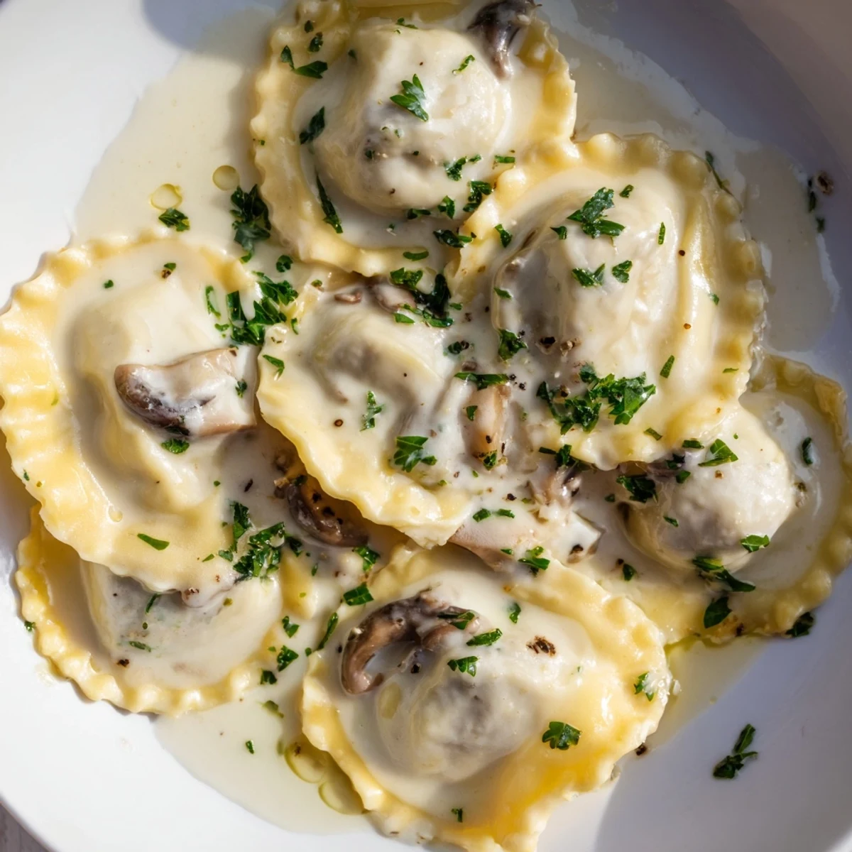 Two portions of homemade Date Night Mushroom Ravioli drizzled with creamy sauce and truffle oil.