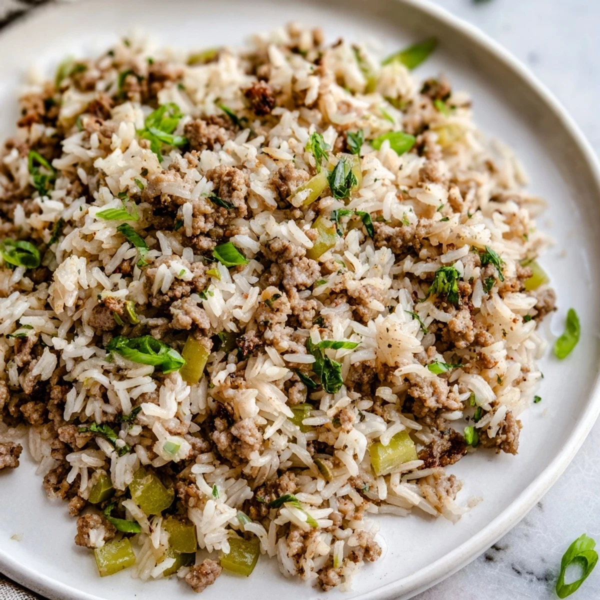 A fork lifts fluffy grains of Cajun Dirty Rice with Ground Turkey, revealing tender morsels of turkey and finely chopped aromatics in this protein-packed Southern dish.