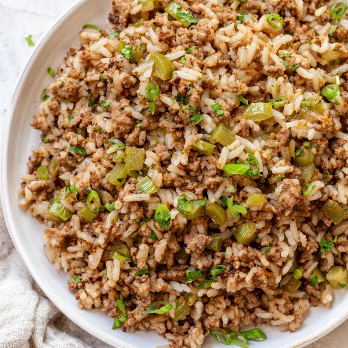 This close-up showcases Cajun Dirty Rice with Ground Turkey plated beside a crisp salad, garnished with vibrant green onions and fresh parsley for a colorful, appetizing contrast.
