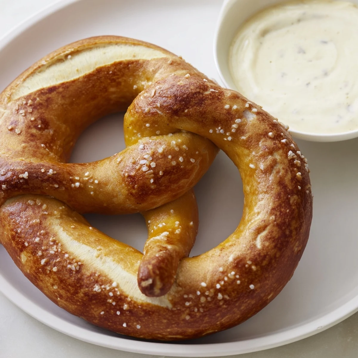 Thick, chewy Game Day Soft Pretzels with Cheese Dip, perfect for dipping into a rich mustard-infused sauce.