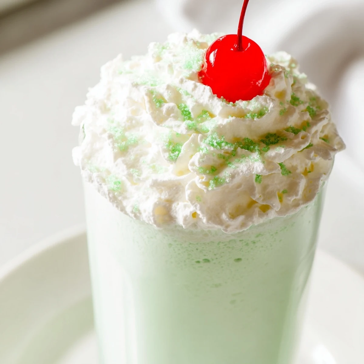 Festive Shamrock Shake with Whipped Cream in a chilled glass, garnished with green sprinkles and a maraschino cherry for St. Patrick’s Day.  